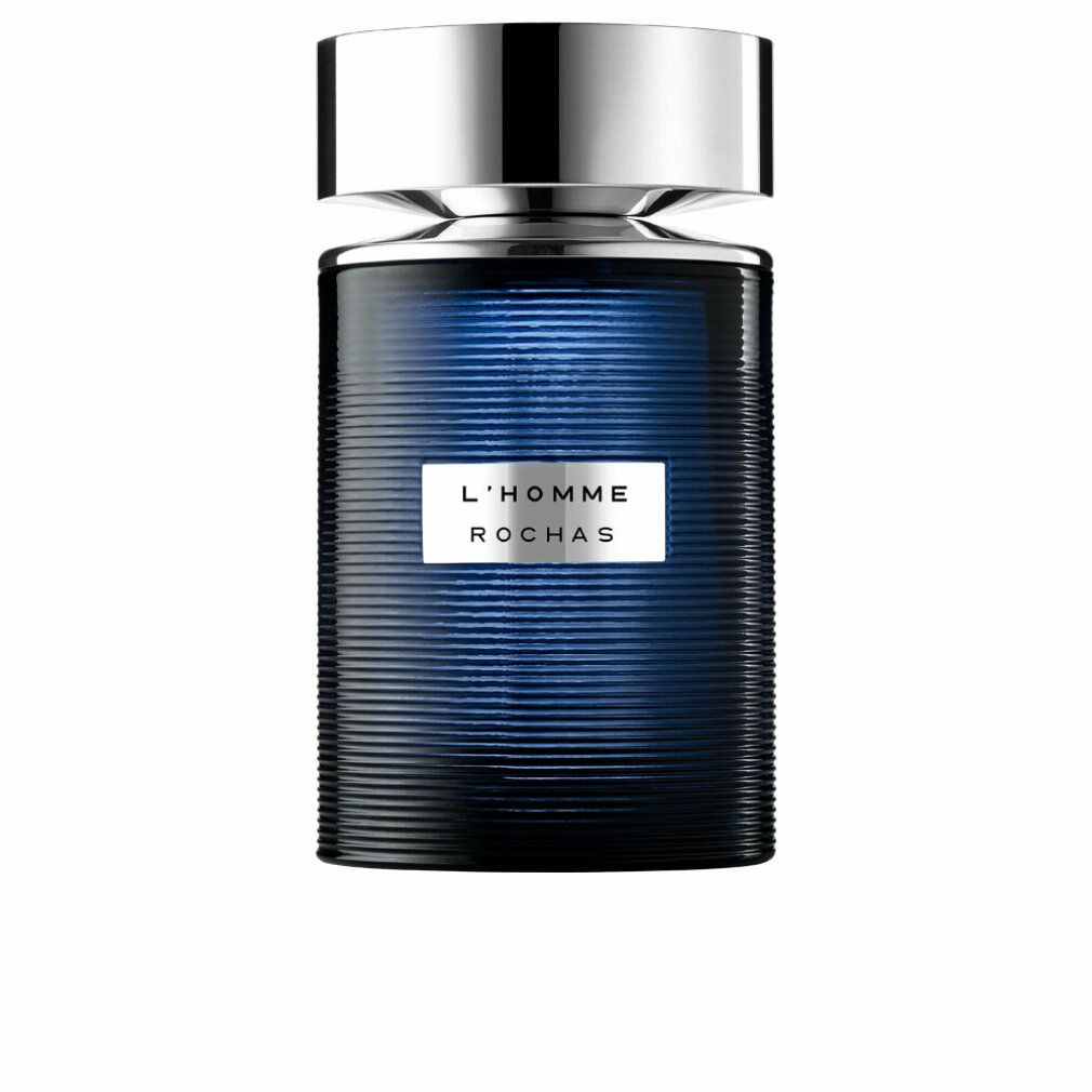 Blauer Flakon mit silbernem Deckel. Aufschrift: L'HOMME ROCHAS. Geriffelte Oberfläche.