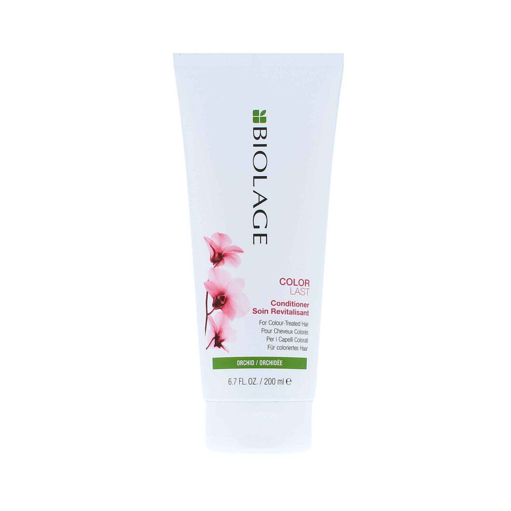 Weißer Conditioner-Tuben mit Matrix Biolage-Logo, ColorLast-Text und Orchideen-Illustration.