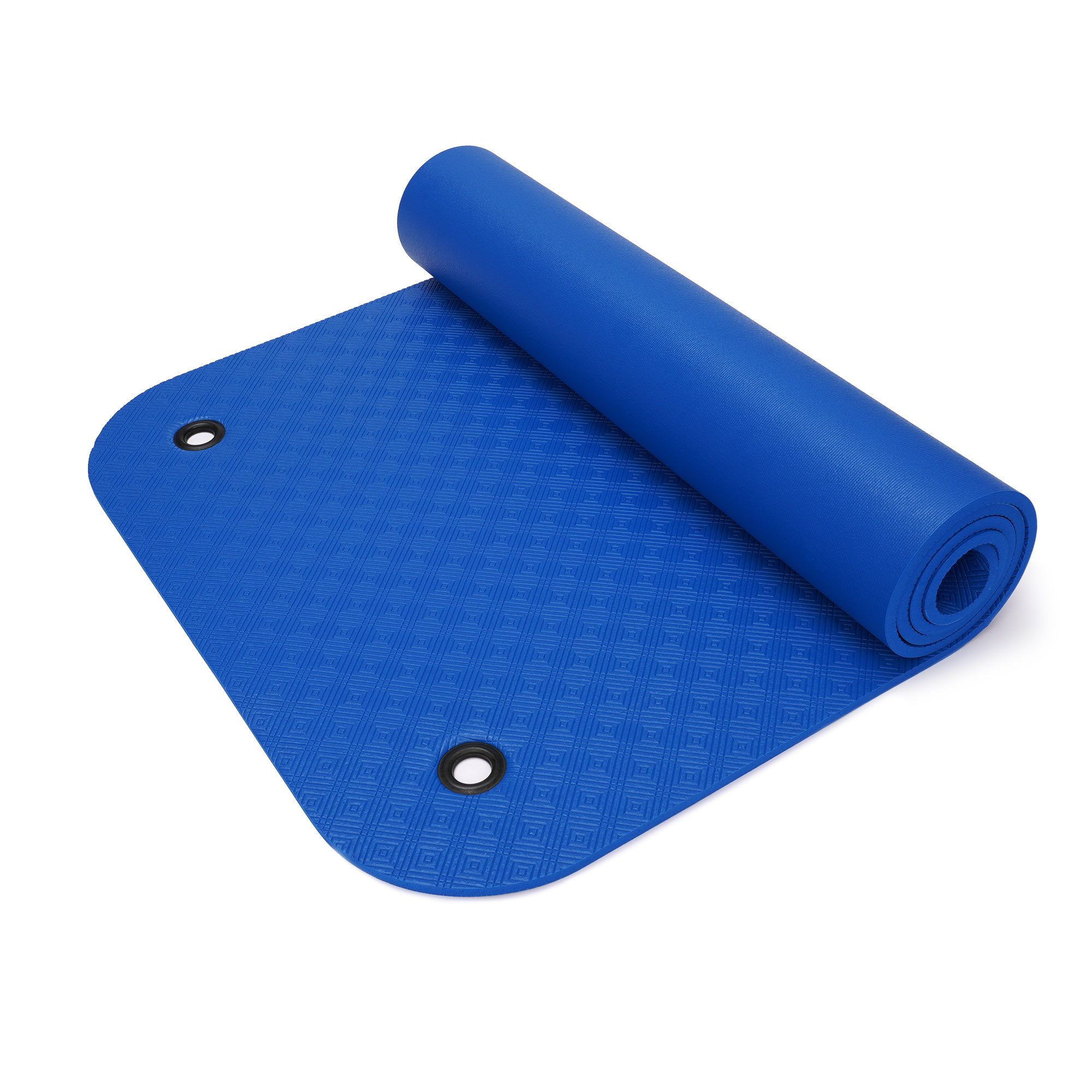 Dunkelblaue Gymnastikmatte, teilweise aufgerollt, mit Ösen und Rautenmuster.