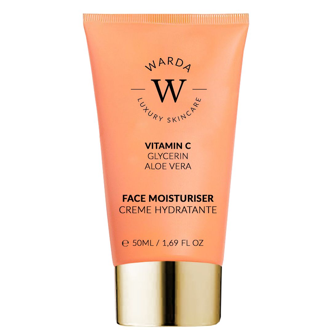 Warda SKIN GLOW BOOST Vitamin C Feuchtigkeitscreme. Orange Tube mit Text. Inhaltsstoffe: Vitamin C, Glycerin, Aloe Vera. 50ml.