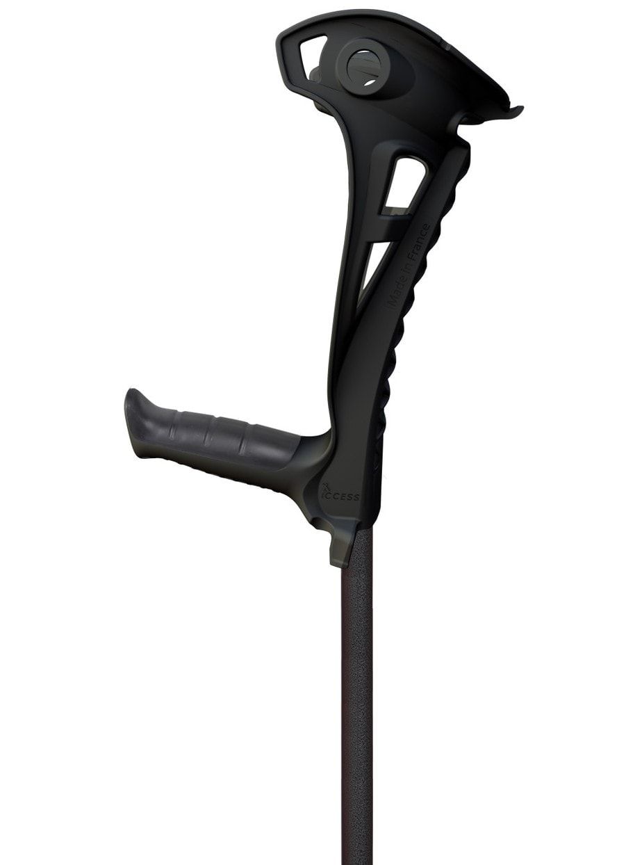 Schwarze Unterarmgehstütze. Ergonomischer Griff, gepolsterte Armauflage. Stabiler Schaft. Gefertigt aus Kunststoff und Metall.