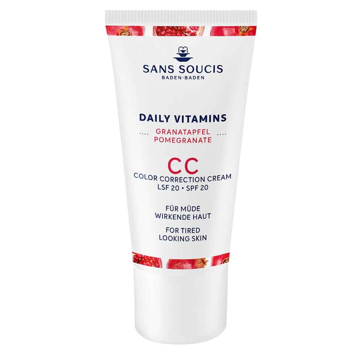 Weiße Tube mit rotem Aufdruck. Text: Sans Soucis, Daily Vitamins, Granatapfel CC Color Correction Cream LSF 20. Für müde Haut.