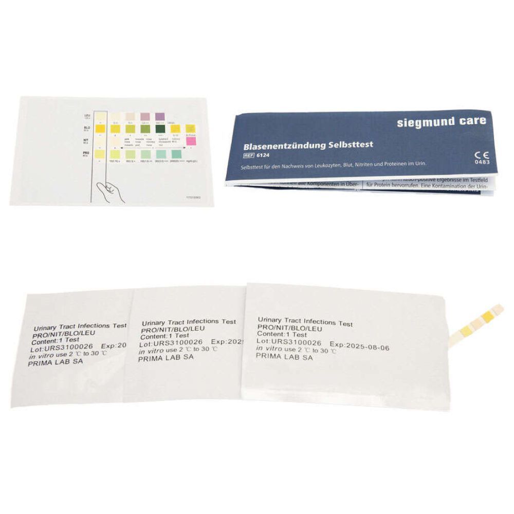 Blasenentzündung Selbsttest, Teststreifen, Packungen, Gebrauchsanweisung. Siegmund Care-Produkt.