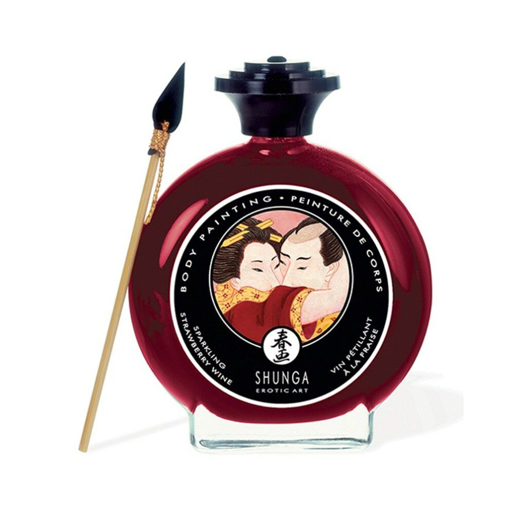 Runde Flasche mit roter Flüssigkeit, schwarzem Deckel und Etikett mit Paar-Illustration. Inklusive Pinsel.