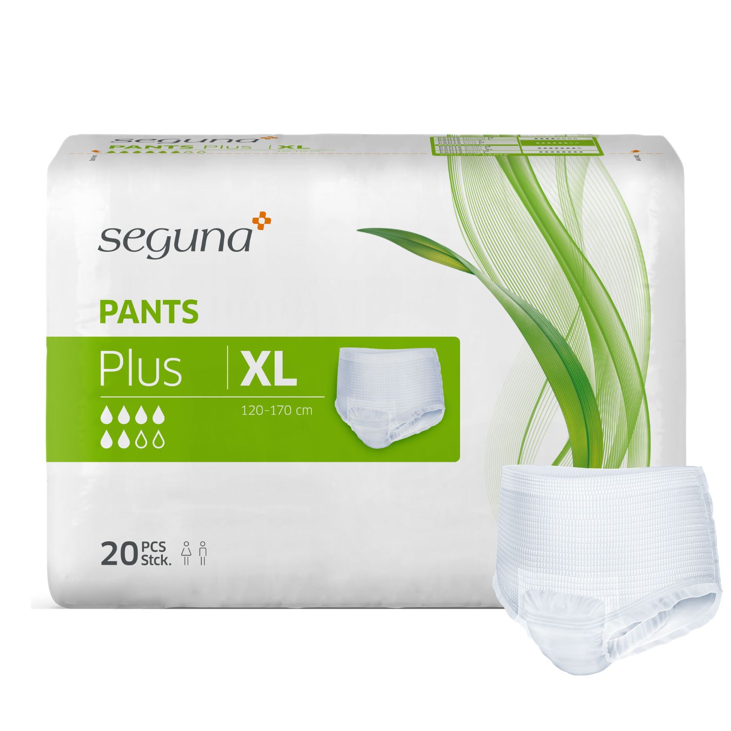 Verpackung von SEGUNA Pants Plus XL. Enthält 20 Stück. Produkt daneben.
