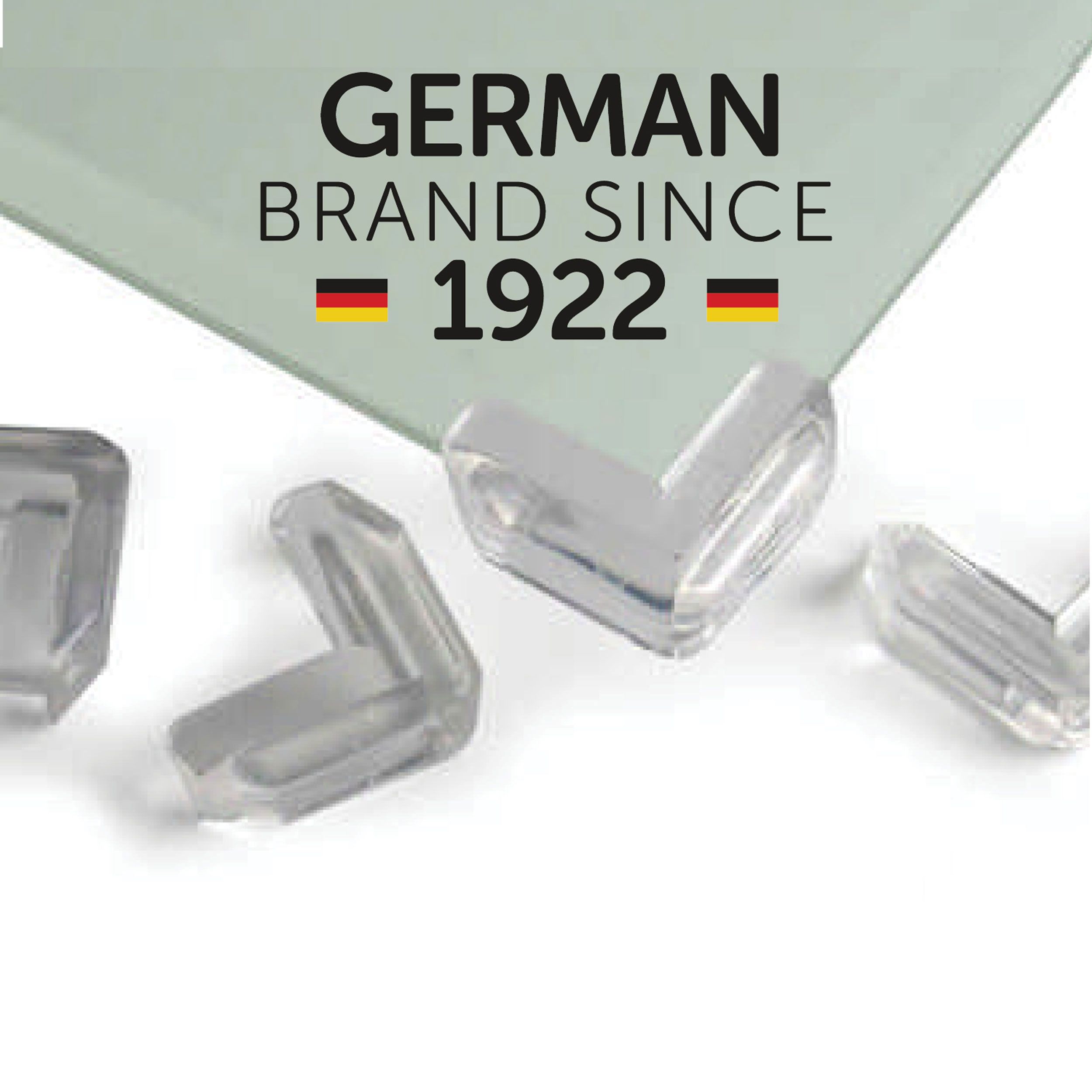 Vier transparente Eckschoner aus Kunststoff auf weißem Hintergrund. Text: GERMAN BRAND SINCE 1922.