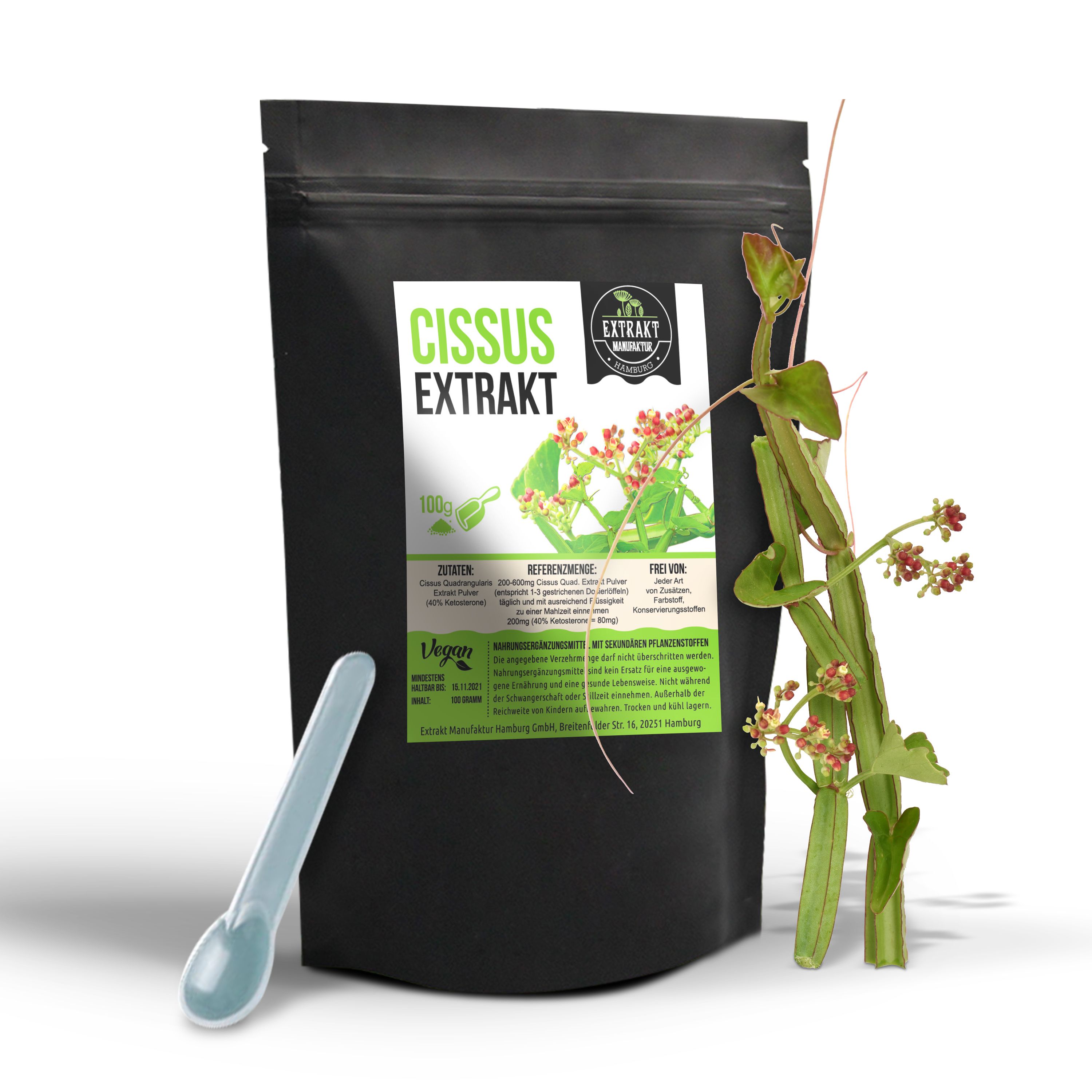 Schwarzer Beutel mit weißem Etikett. Aufschrift: Cissus Extrakt, 100g, Vegan. Löffel und Pflanze daneben.