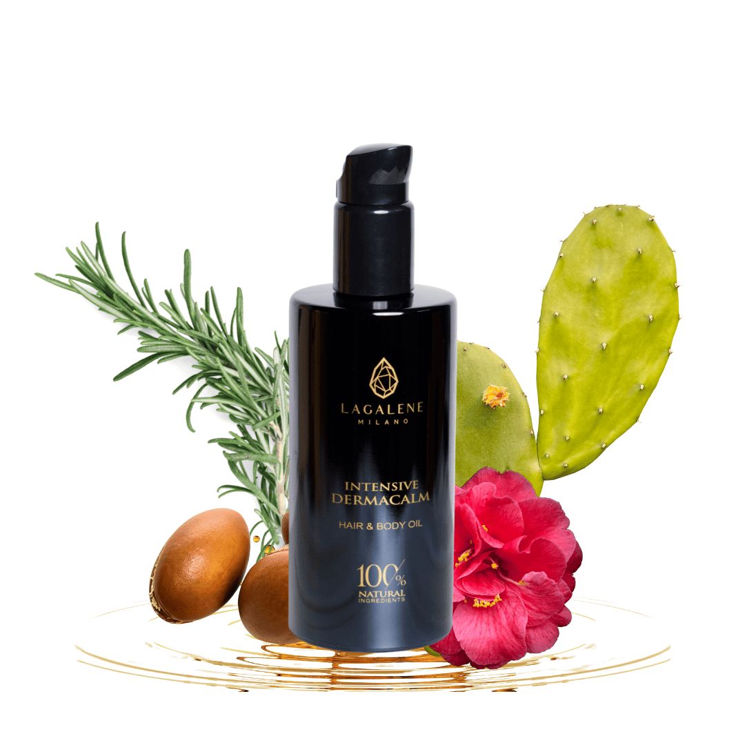 Schwarze Flasche mit Aufschrift: Intensive DermaCalm Oil, 100% Natural. Lagalene Milano Logo. Mit Pflanzen und Früchten.