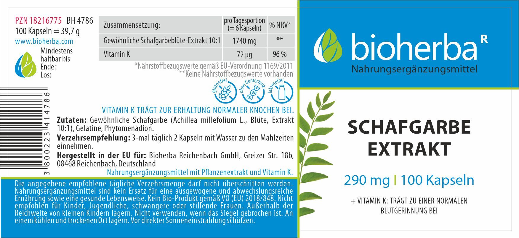 Schafgarbe Extrakt 290 mg 100 Kapseln PZN 18216775