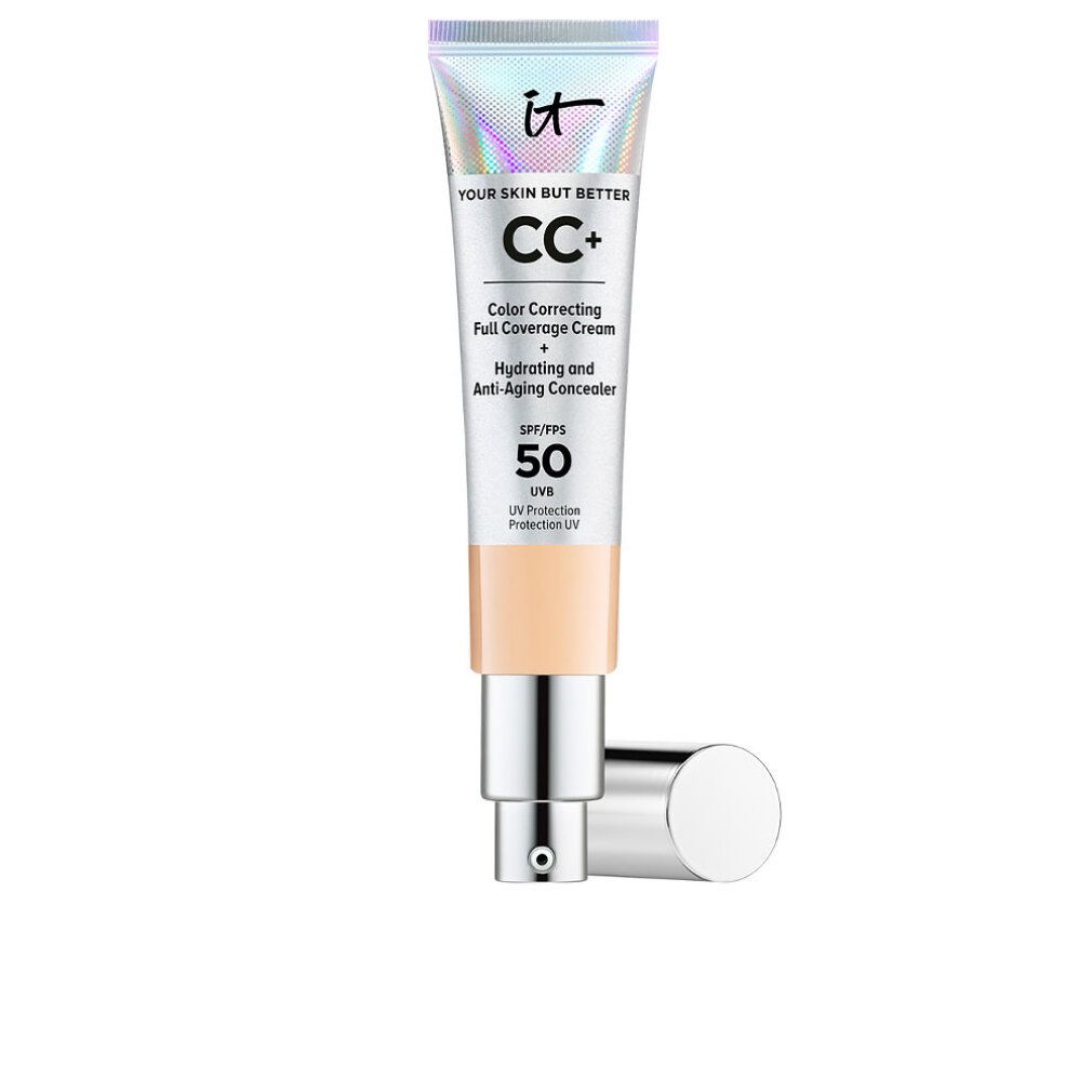 Tube mit CC+ Foundation SPF 50. Farbkorrigierende, deckende Creme. Mit Applikator. Hellbeige Farbton.