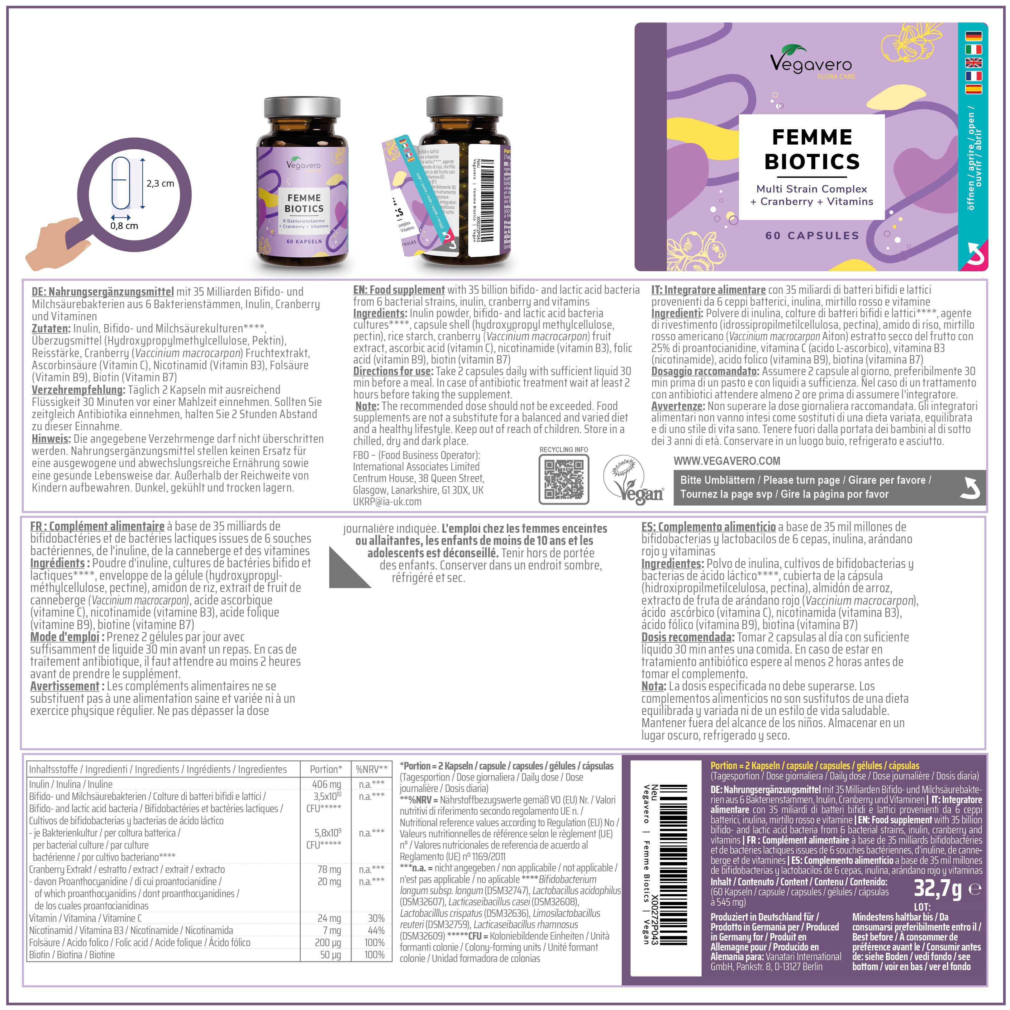 Produktverpackung mit Informationen. Enthält eine Flasche FEMME BIOTICS, eine Packungsbeilage und eine Schachtel.