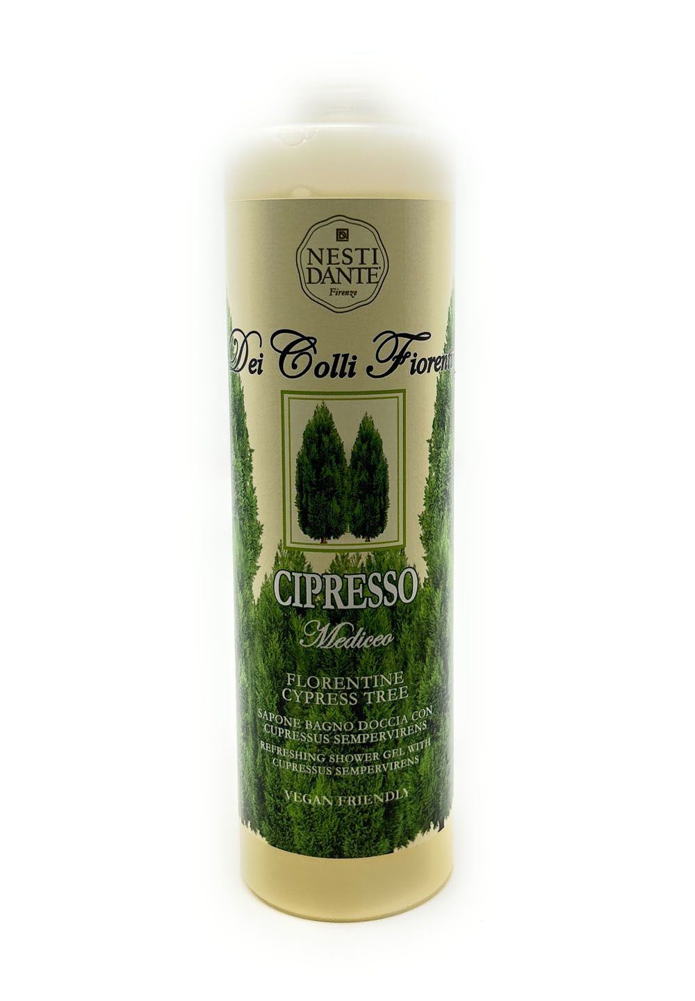 Eine zylindrische Flasche mit Etikett. Auf dem Etikett stehen die Worte „CIPRESSO Mediceo“ und „FLORENTINE CYPRESS TREE“.