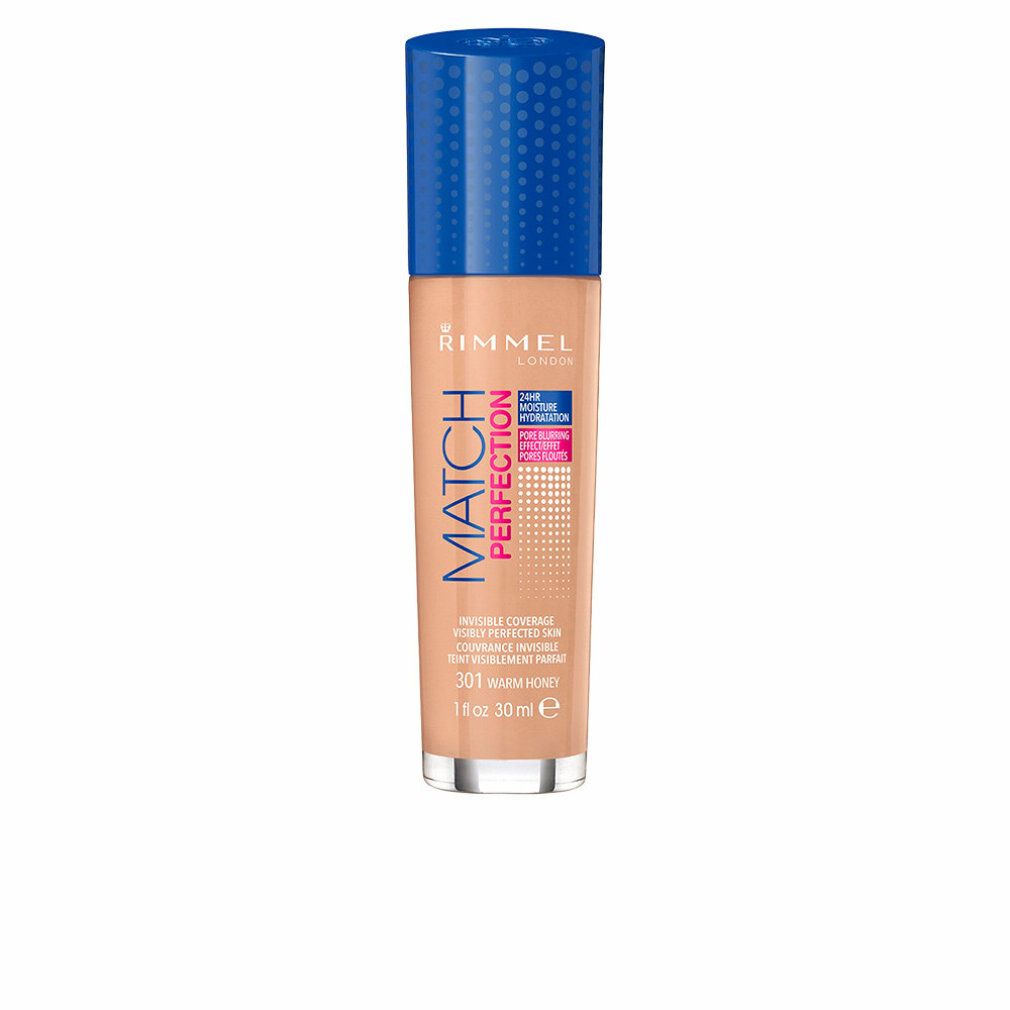Flüssig-Make-up-Flasche mit blauem Deckel. Aufschrift: Rimmel, Match Perfection, 301 Warm Honey. 30 ml.