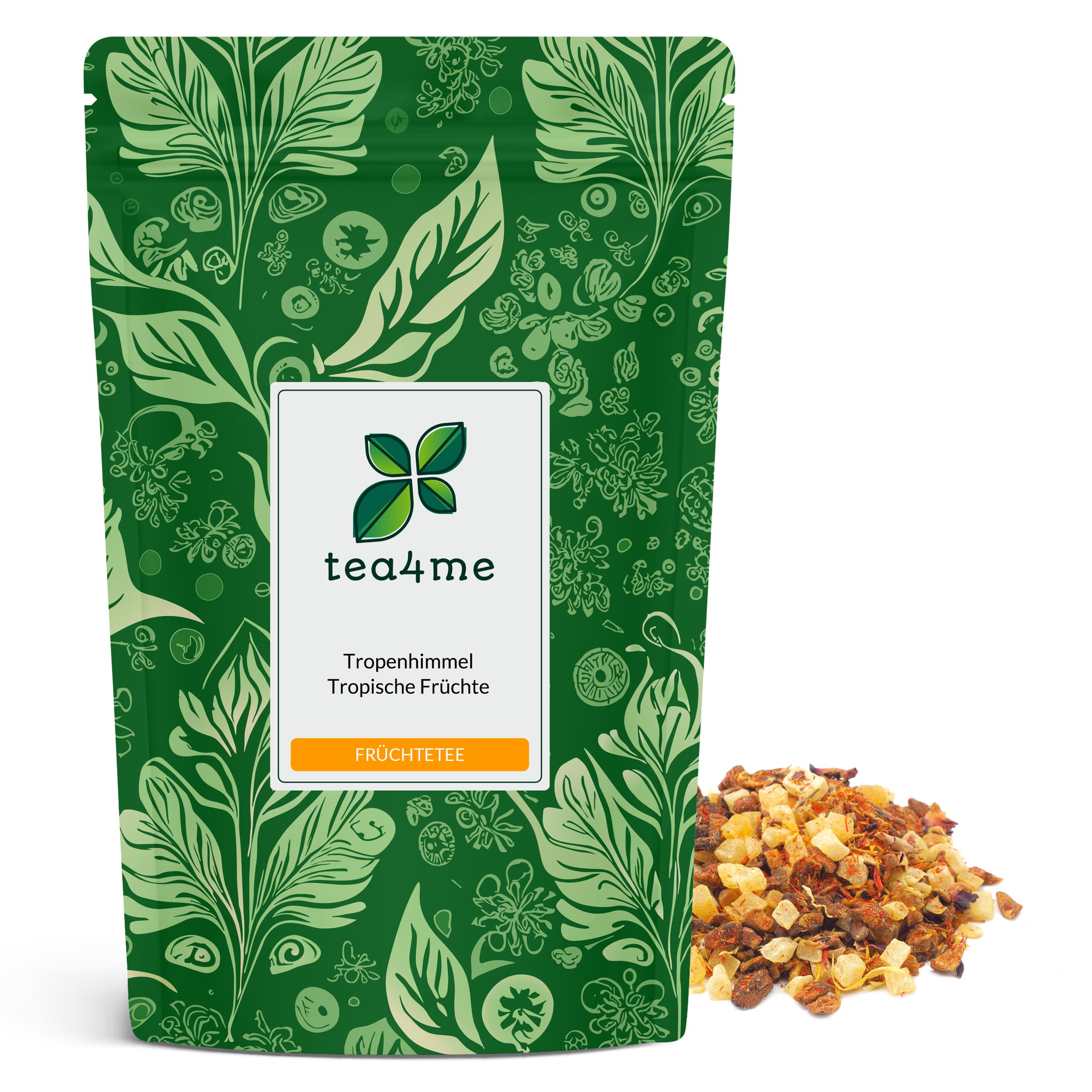 Grüner Beutel mit tea4me-Logo und Text. Tropenhimmel Früchtetee. Daneben ein Haufen loser Früchtetee-Mischung.