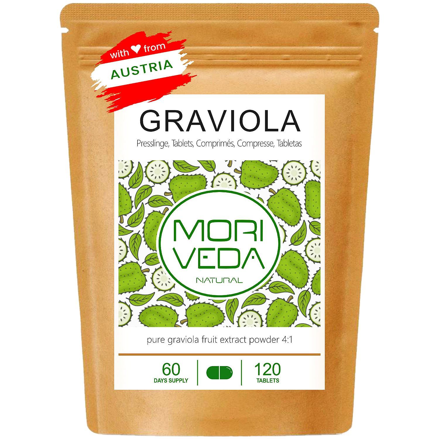 Beutel mit Graviola Tabletten. Aufdruck: Graviola, Mori Veda, 120 Tabletten, 60 Tagesdosen. Mit Österreich-Flagge.