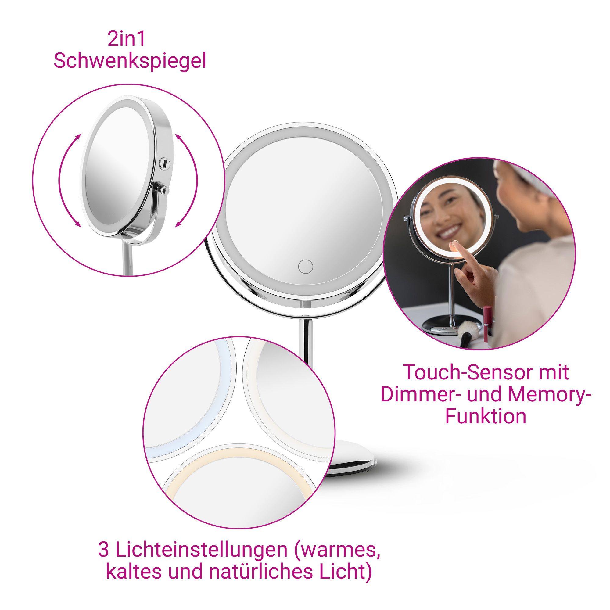 Kosmetikspiegel: Schwenkbar, Touch-Sensor, 3 Lichtfarben (warm, kalt, natürlich).