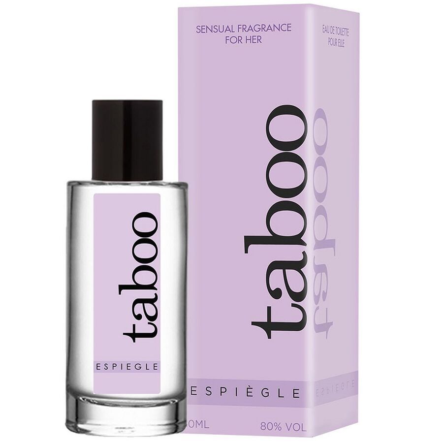 Flakon und Verpackung. Auf der Verpackung steht "taboo", "ESPIEGLE", "SENSUAL FRAGRANCE FOR HER" und "80% VOL".