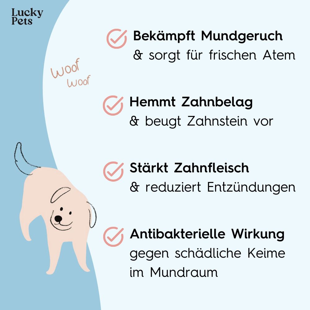 Illustration eines Hundes. Text: Bekämpft Mundgeruch, hemmt Zahnplaque, stärkt Zahnfleisch, antibakterielle Wirkung gegen Keime im Mundraum.