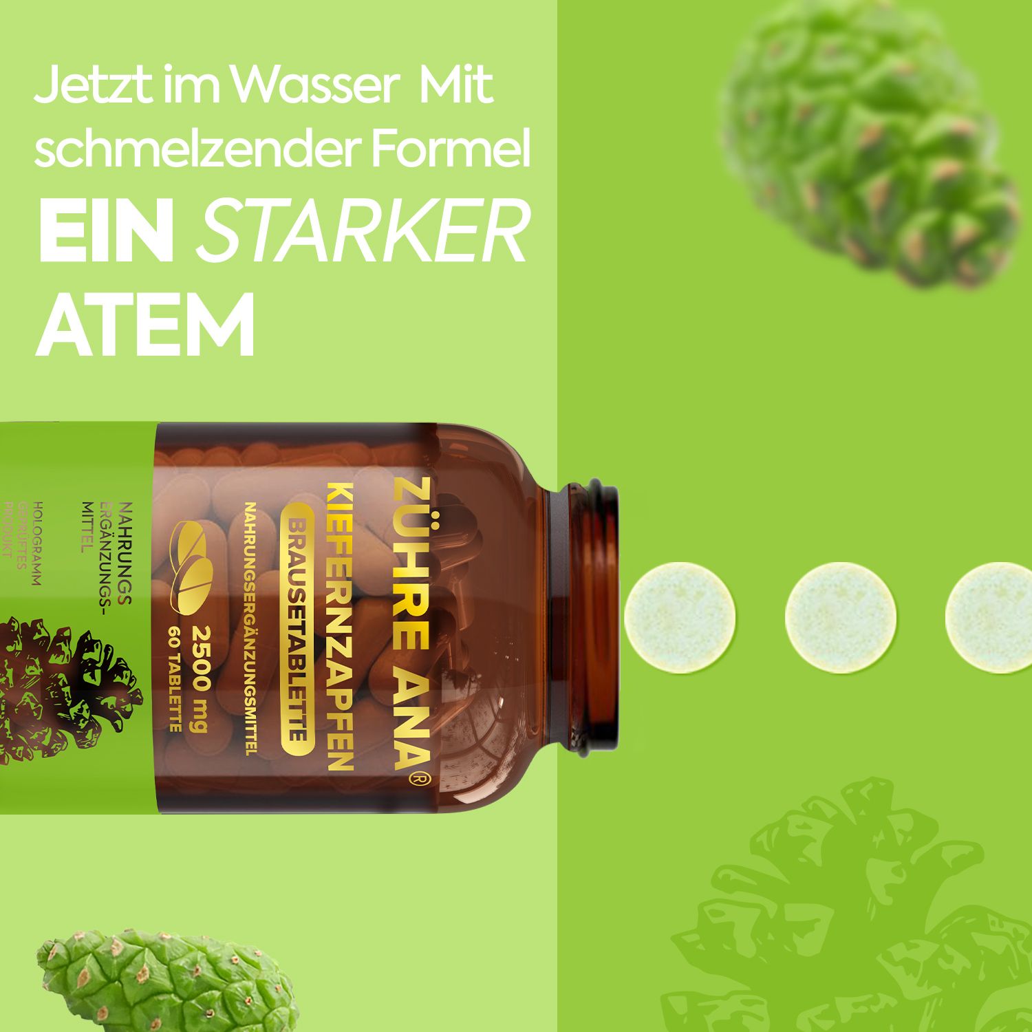 Flasche Zühre Ana Kiefernzapfen Brausetabletten mit vier Tabletten.