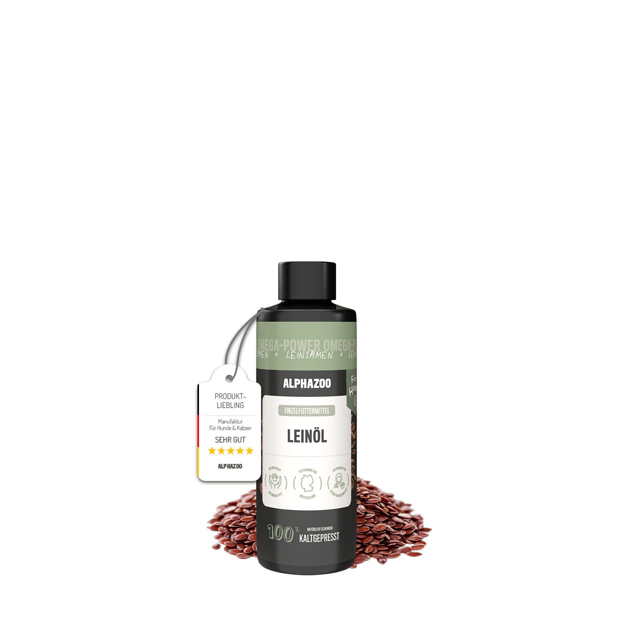 Schwarze Flasche mit Leinöl, Etikett mit Produktinformationen und Anhänger. Daneben Leinsamen. Aufschrift: ALPHAZOO LEINÖL.