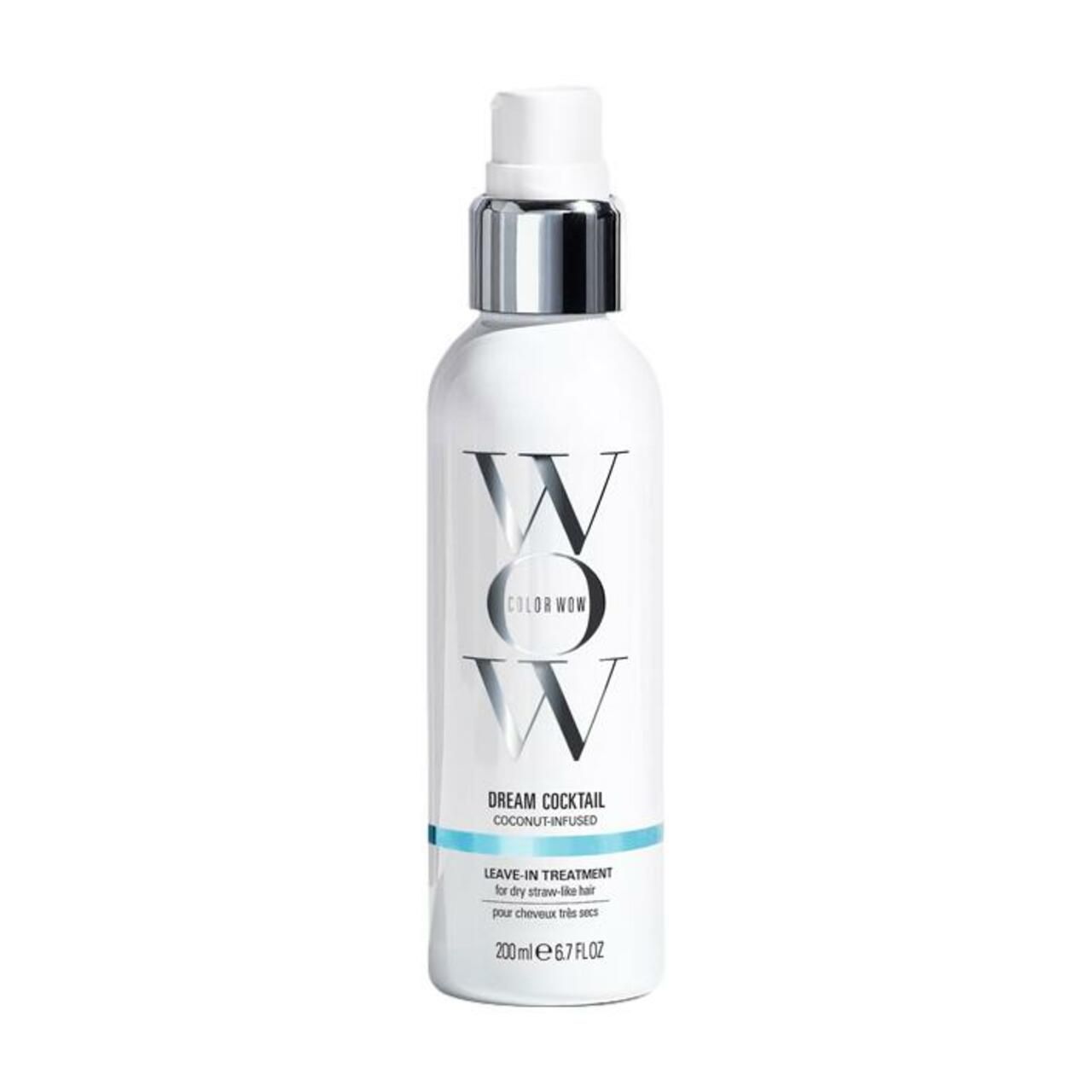Weiße Flasche mit silbernem Sprühkopf. Aufschrift: Color Wow, Dream Cocktail, Leave-in Treatment. 200ml.