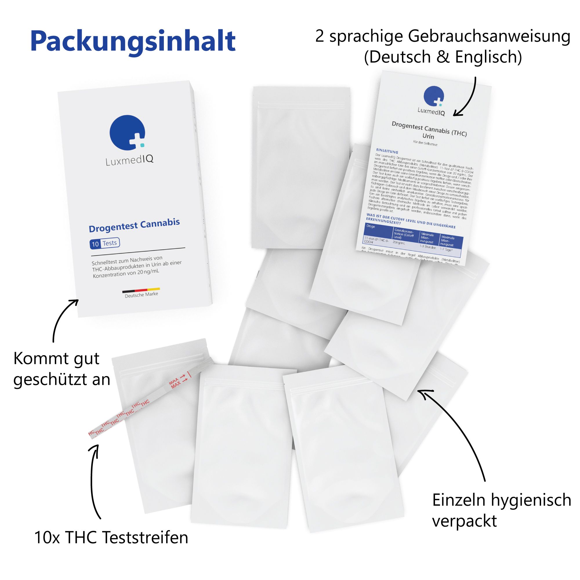 Packungsinhalt: 10 THC Teststreifen, einzeln verpackt, Gebrauchsanweisung (Deutsch & Englisch), Verpackung.