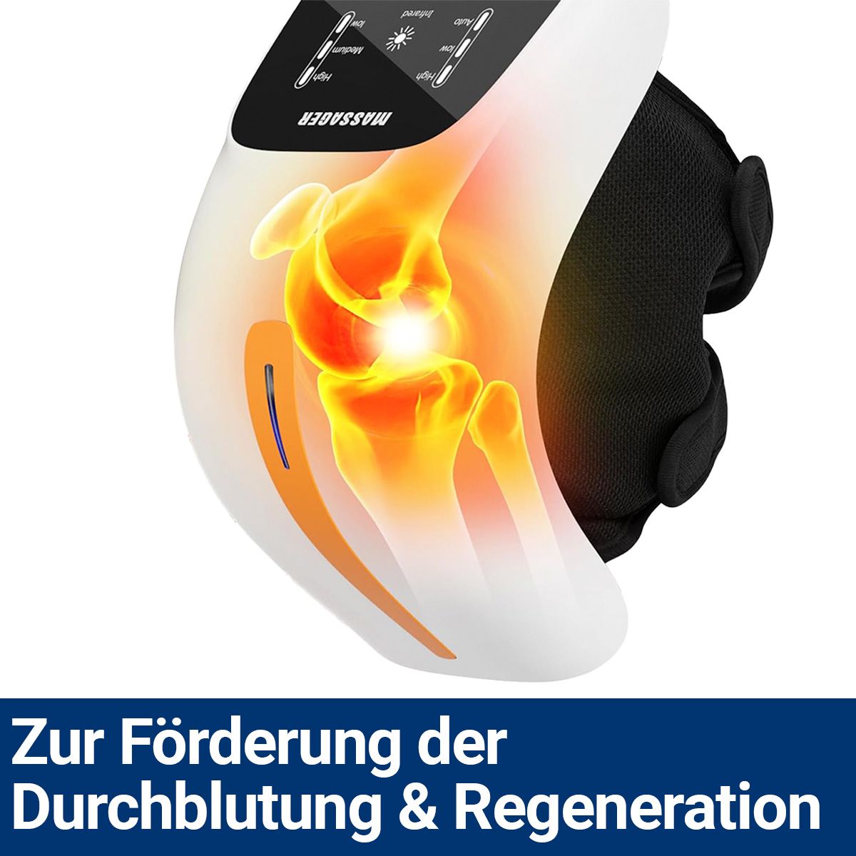 Knie-Massagegerät in Anwendung. Orangefarbene Wärme-Illustration im Knie. Text: ZUR FÖRDERUNG DER DURCHBLUTUNG & REGENERATION.
