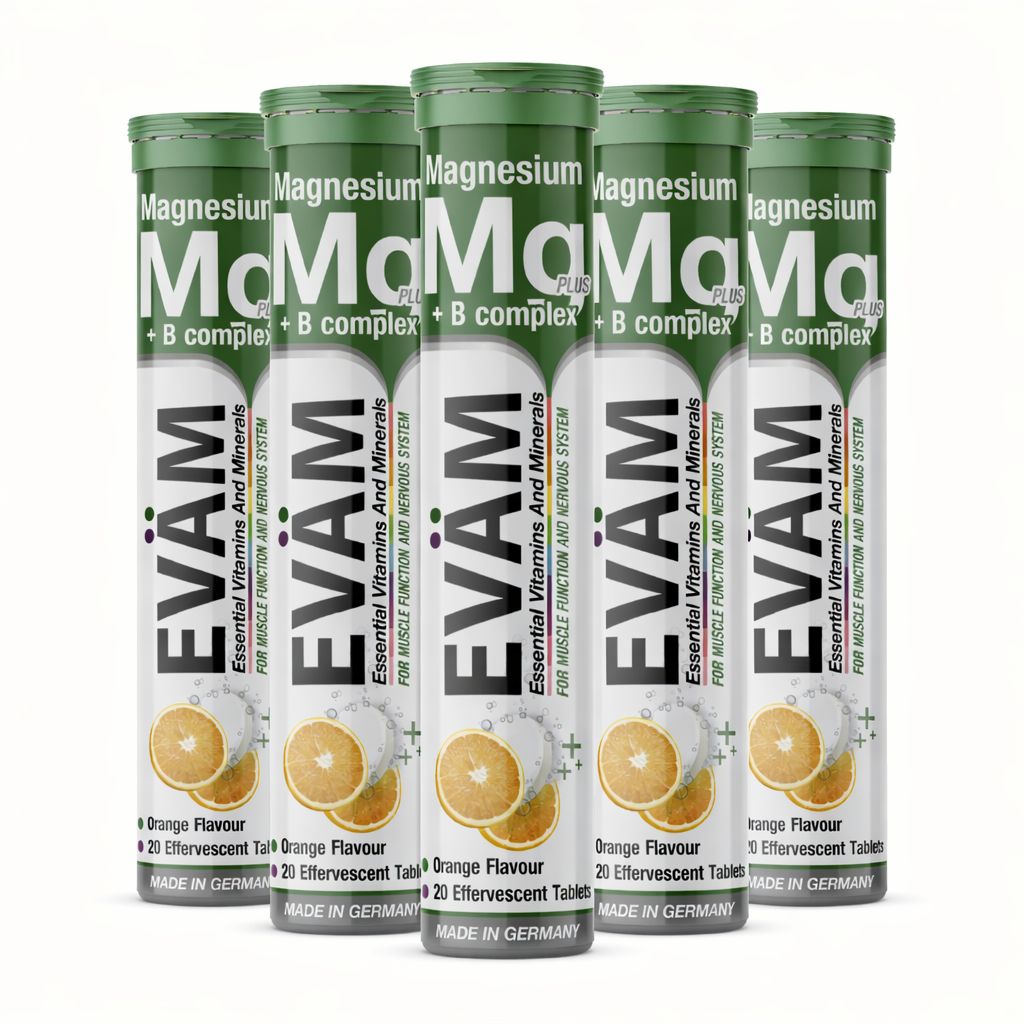 Fünf Tuben EVÄM Magnesium + B-Komplex. Grün-weißes Design, Schriftzug, Orangen-Abbildung. 20 Brausetabletten, Orange-Geschmack.