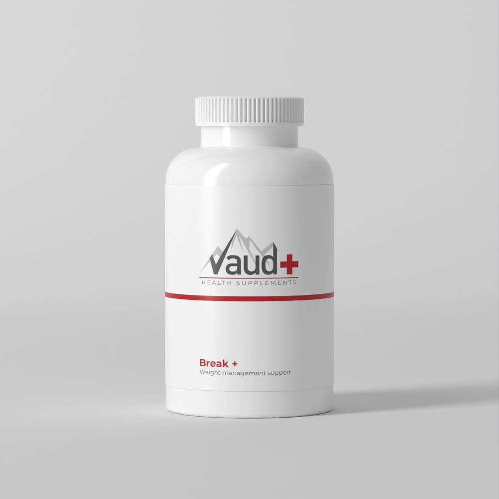 Weiße Flasche mit roter und grauer Beschriftung. Vaud+ Health Supplements, Break+ Weight management support.