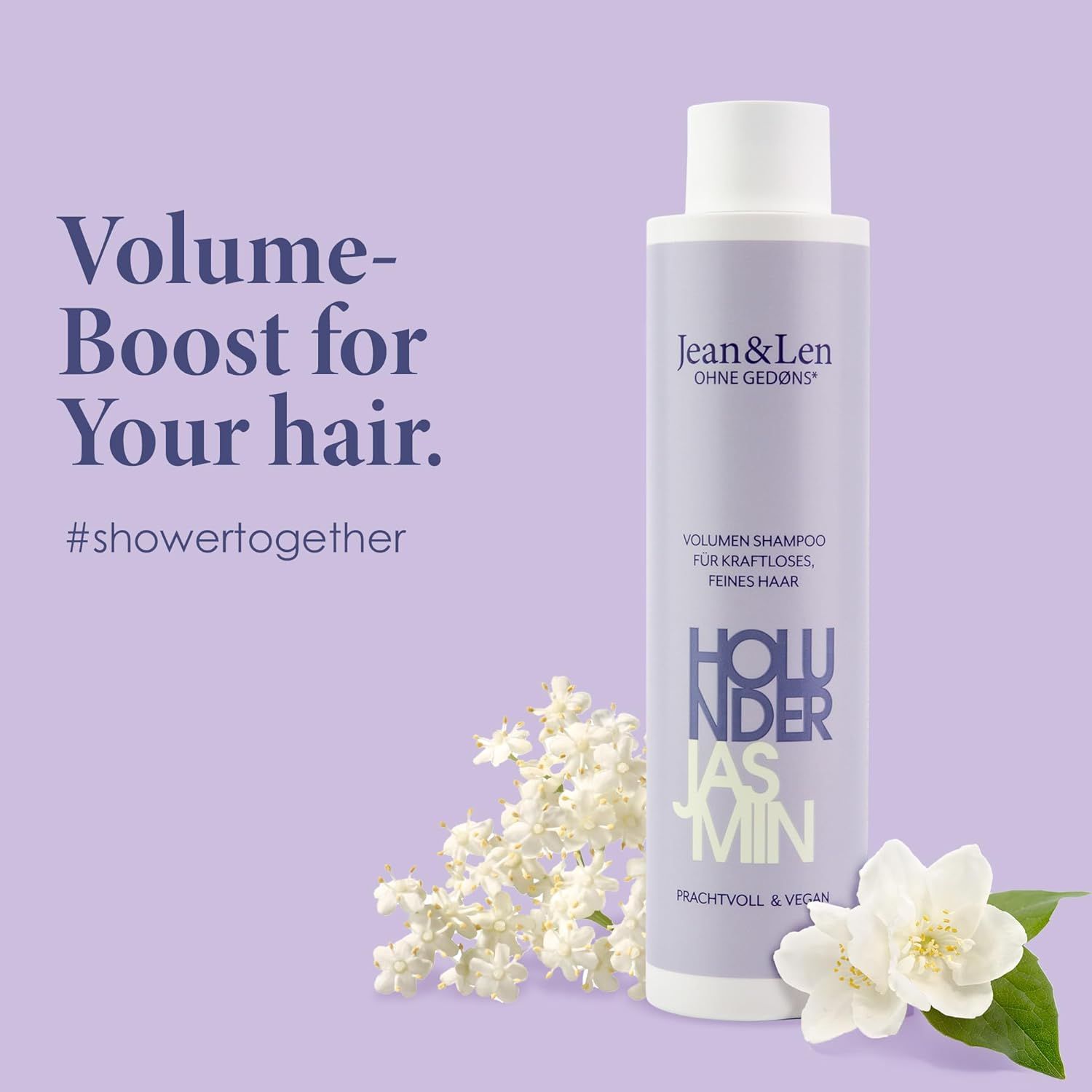 Flasche Jean & Len Volumen Shampoo Holunder & Jasmin. Lila Flasche, weißer Deckel. Blüten und Text.