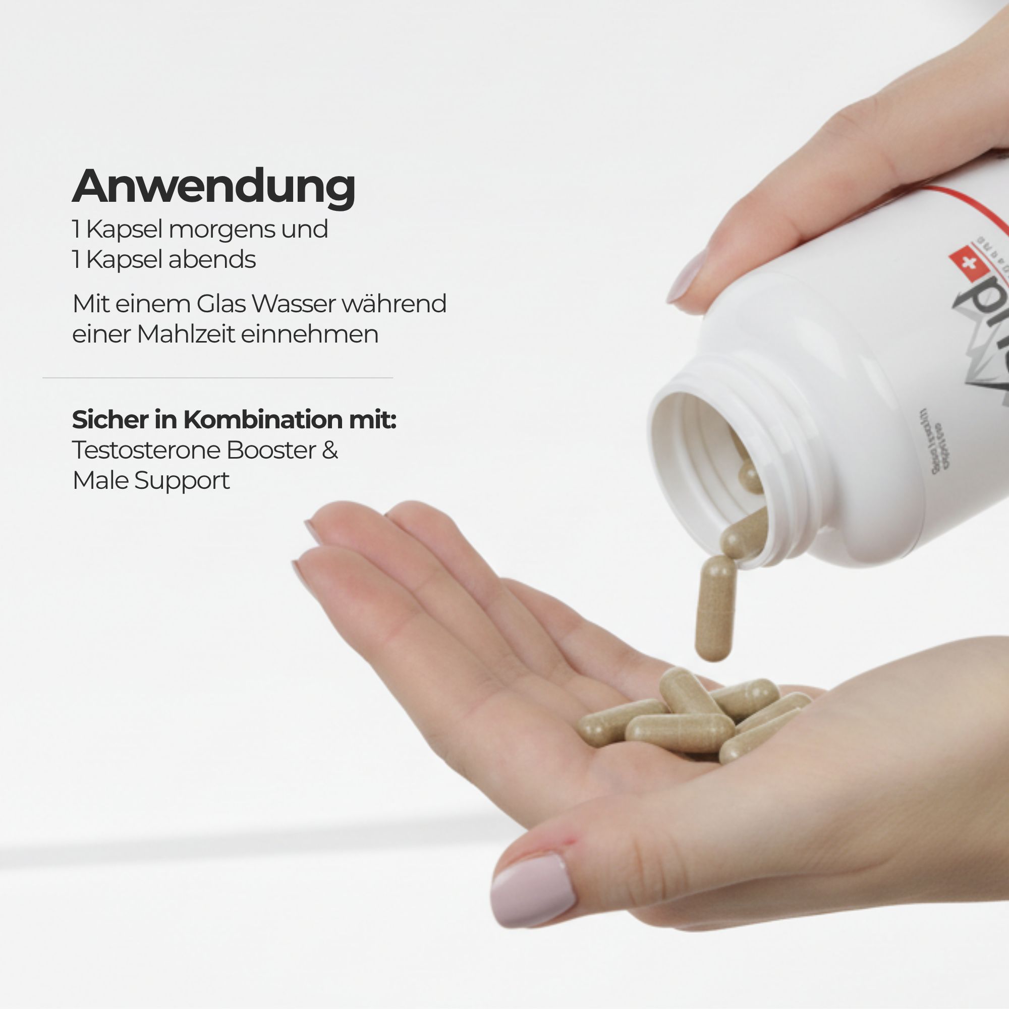 Hand hält Flasche und Kapseln. Text: Anwendung: 1 Kapsel morgens und abends. Sicher in Kombination mit...
