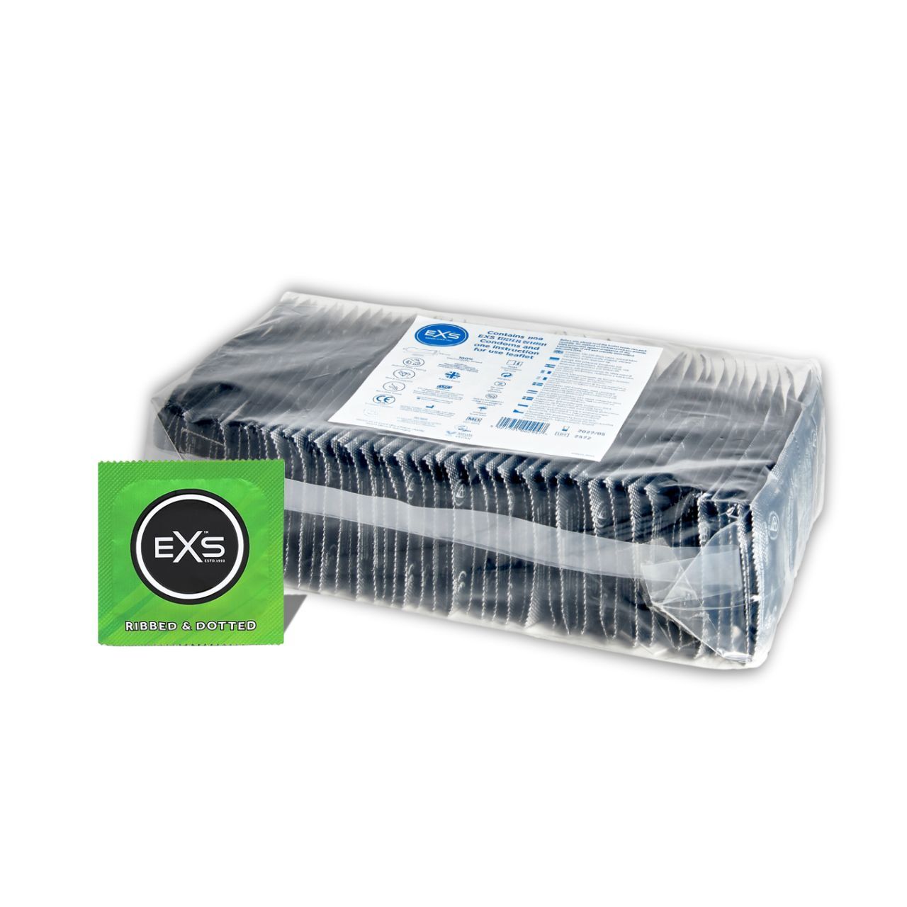 Großpackung EXS Kondome, eine einzelne grüne Verpackung daneben.