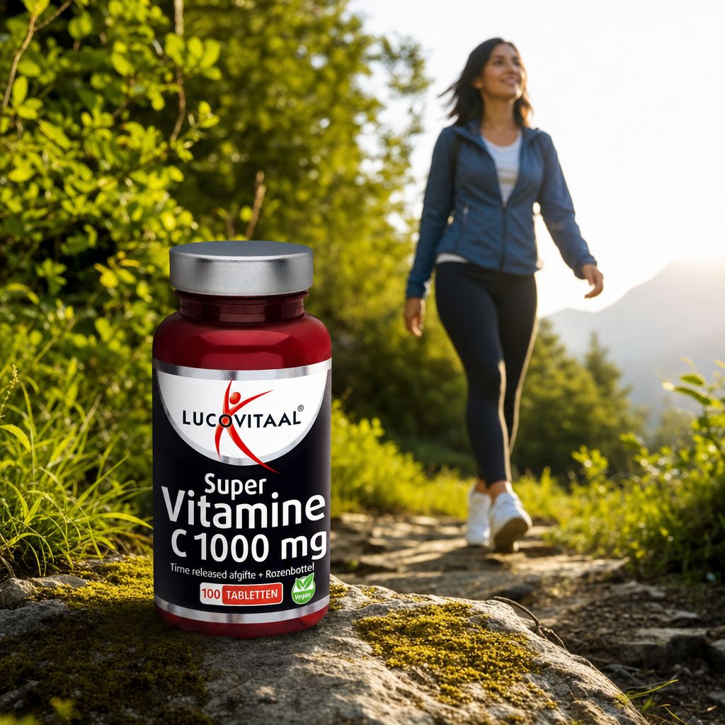 Dunkelroter Behälter mit Lucovitaal Super Vitamine C 1000 mg, 100 Tabletten.