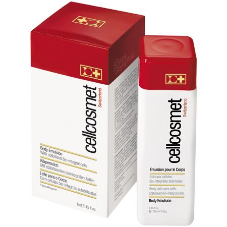 Weiße Flasche und Schachtel mit roter Kappe und Deckel. Aufschrift: cellcosmet, Body Emulsion. Schweizer Produkt.