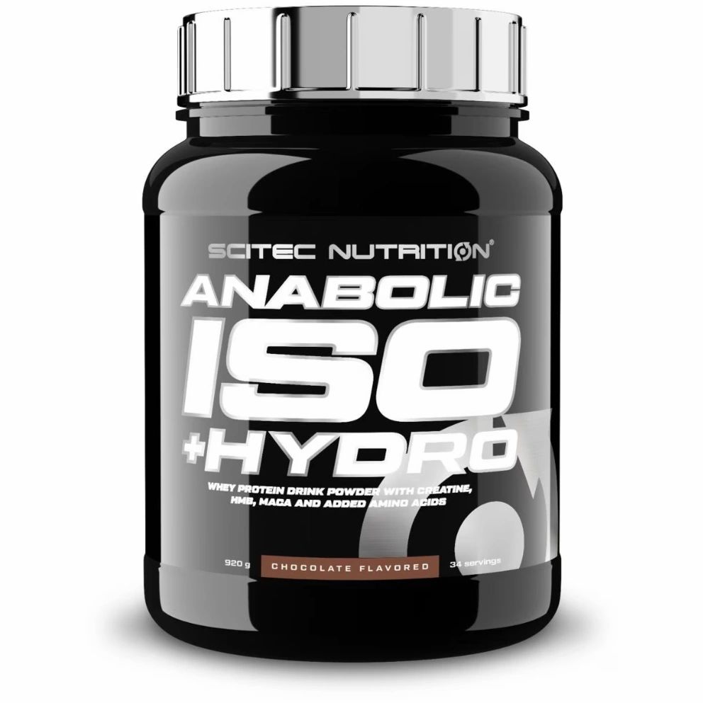 Schwarze Dose Scitec Anabolic Iso+Hydro, Chocolate Flavored. Produktname und Logo deutlich sichtbar. 900g, 28 Portionen.