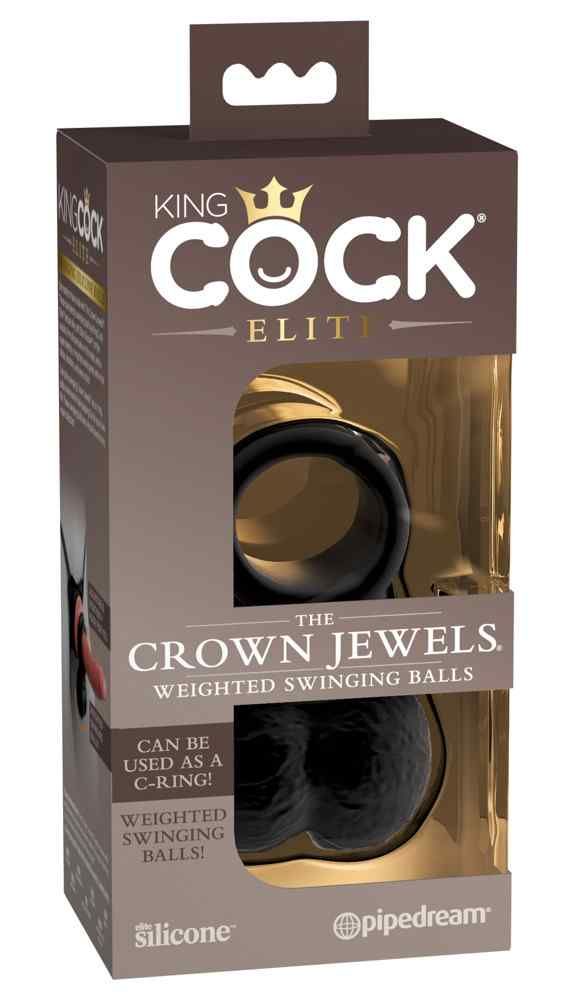 Produktverpackung. Schwarzes Wellness-Produkt mit Ring und Kugeln. Text: 'King Cock Elite'.
