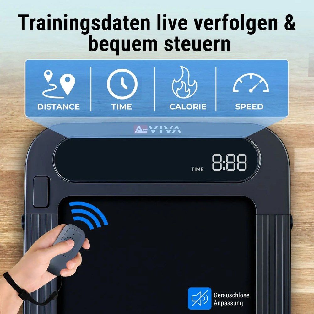AsVIVA T25 Walking Pad leicht zu verstauen, mit Rollen für einfachen Transport.