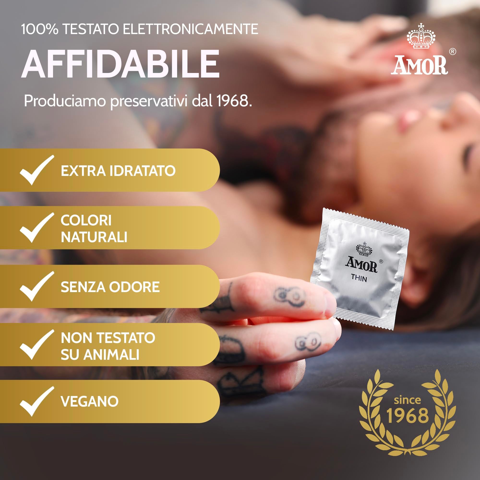 Amor Thin Kondom, 100% elektronisch getest, extra hydratisiert, natürliche Farben, geruchlos, vegan.