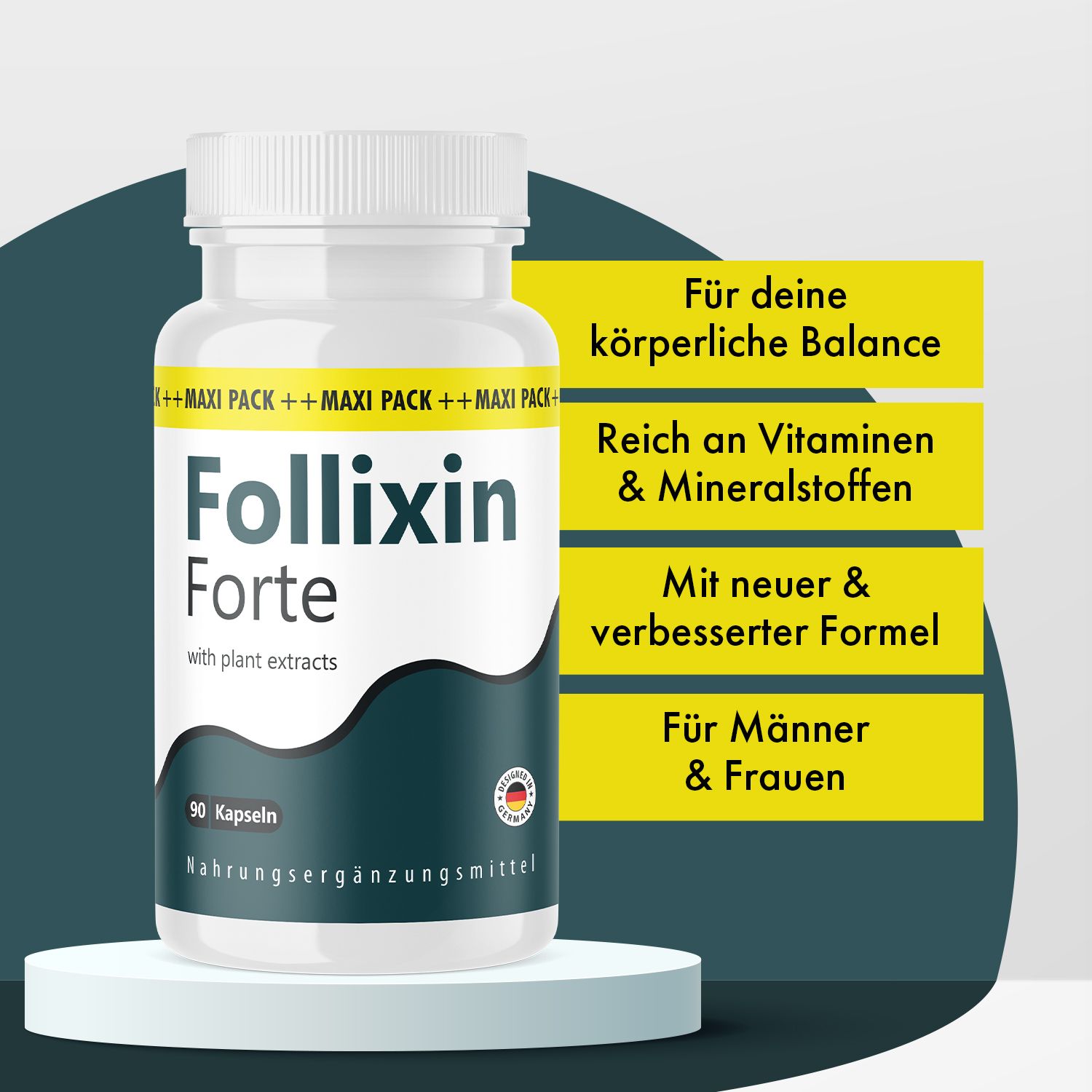 Flacone di Follixin Forte Kapseln. Flacone bianco con capsule, etichetta con nome del prodotto e informazioni. Infografica gialla con vantaggi del prodotto.