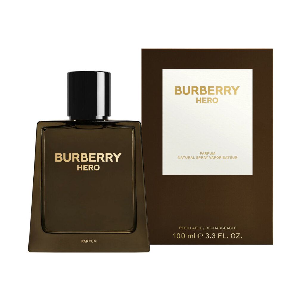 Burberry Hero Parfum Nat. Spray. Flasche und Verpackung. Braune Flasche mit schwarzem Verschluss. Goldener Schriftzug.