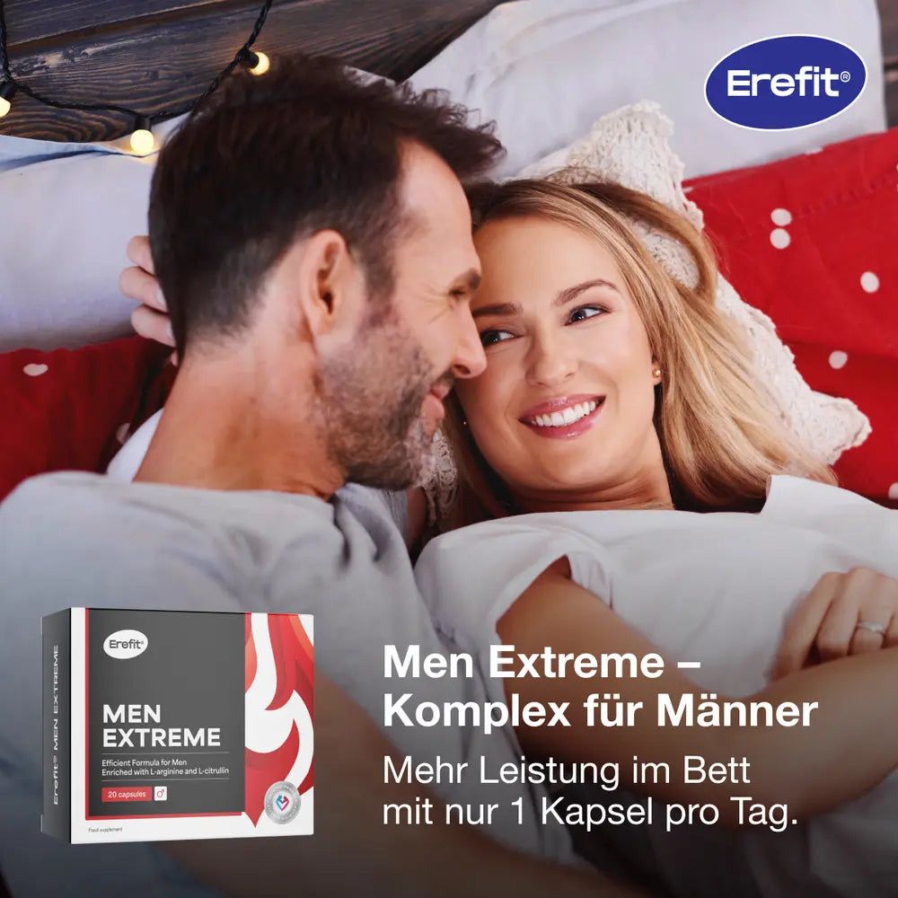 Erefit Men Extreme. Paar im Bett. Produktverpackung. Text: Men Extreme - Komplex für Männer.