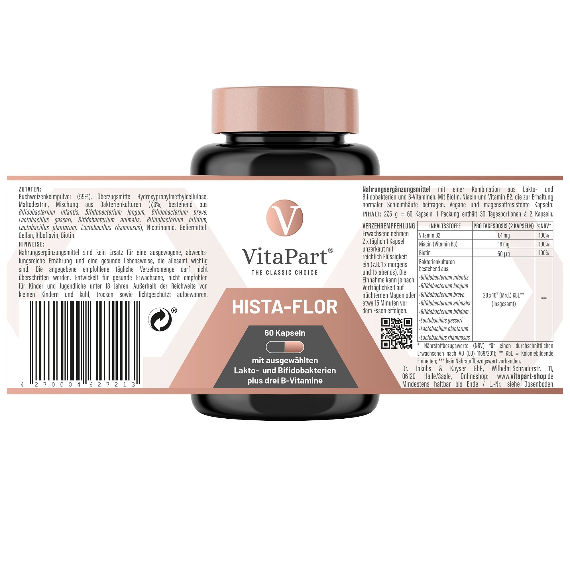 Rückseite der Flasche VitaPart Hista-Flor, 60 Kapseln. Etikett mit Inhaltsstoffen und QR-Code.