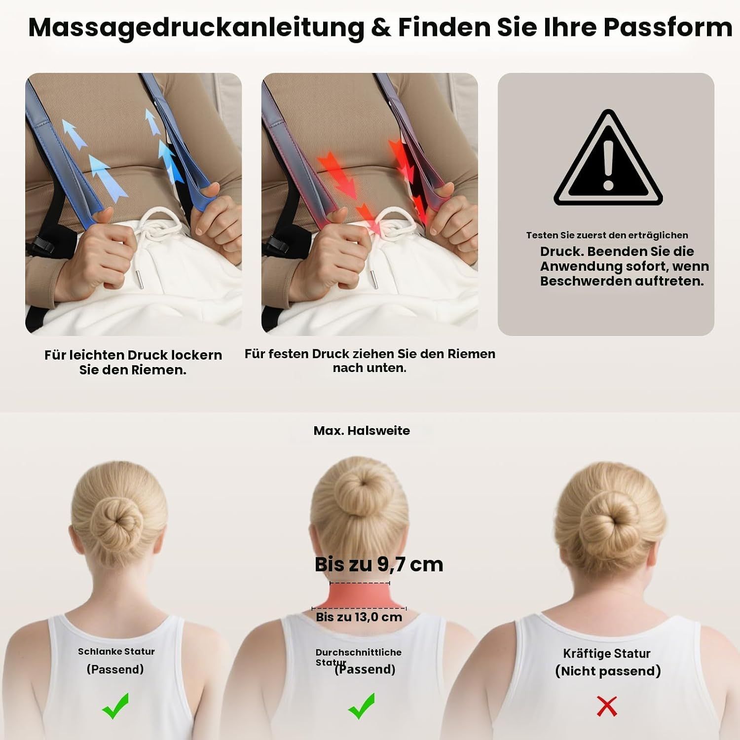 Anleitung zur Massagegeräteeinstellung: Lockern für leichten Druck, ziehen für festen Druck. Passformprüfung für Nackenbreite.