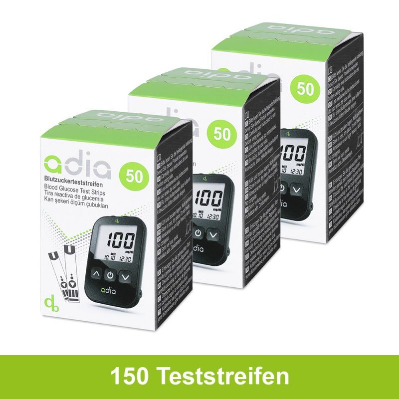 adia Blutzuckerteststreifen, 150 Stück, Blutzucker-Selbstkontrolle bei Diabetes St Teststreifen