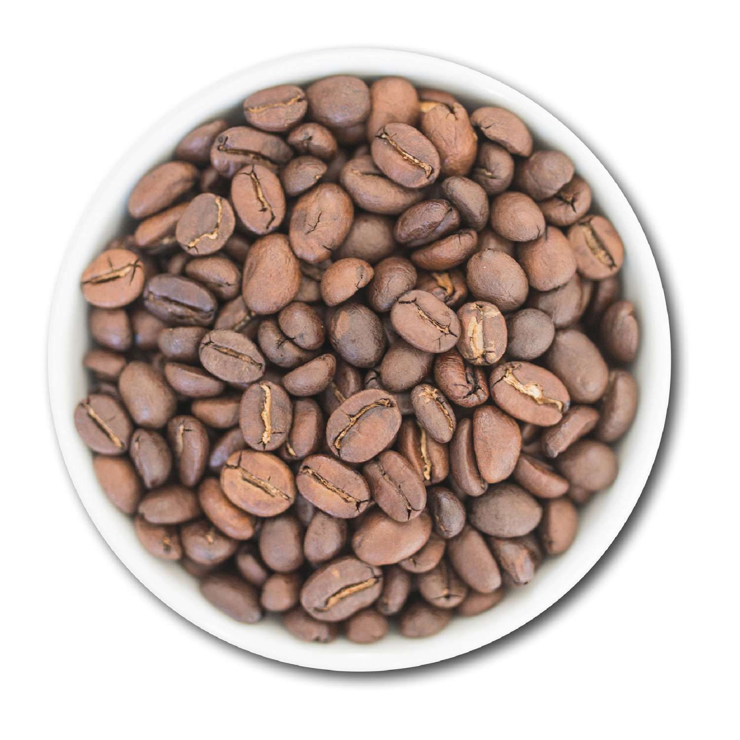 Kaffeebohnen in einer weißen Schale. Die Bohnen sind braun und haben eine längliche Form.