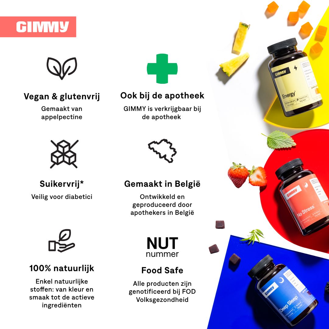 GIMMY-Logo und Icons. Text: Vegan & glutenfrei, Apothekenverkauf, zuckerfrei, 100% natürlich, hergestellt in Belgien, Food Safe.
