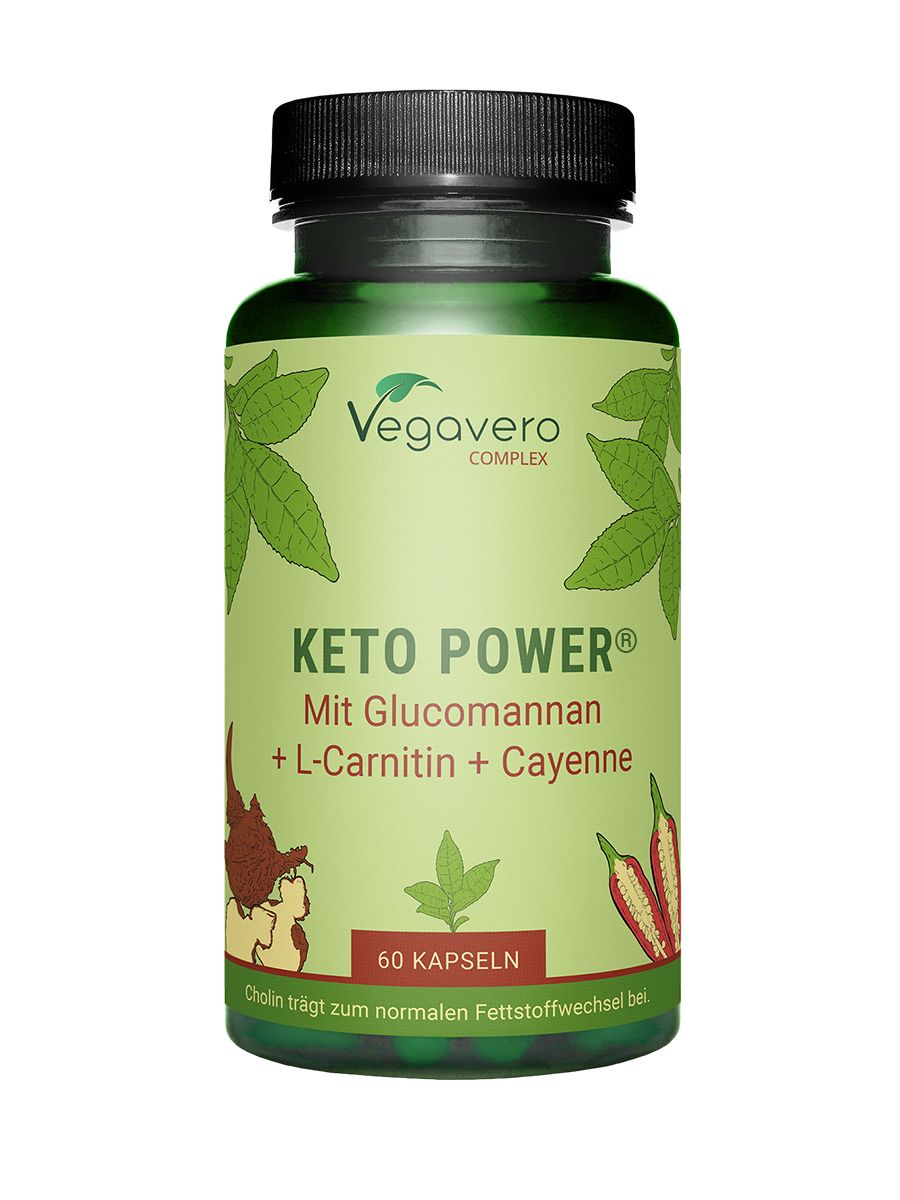 Grüne Flasche mit schwarzen Deckel. Aufschrift: Keto Power, Vegavaro Complex. 60 Kapseln. Mit Glucomannan, L-Carnitin, Cayenne.