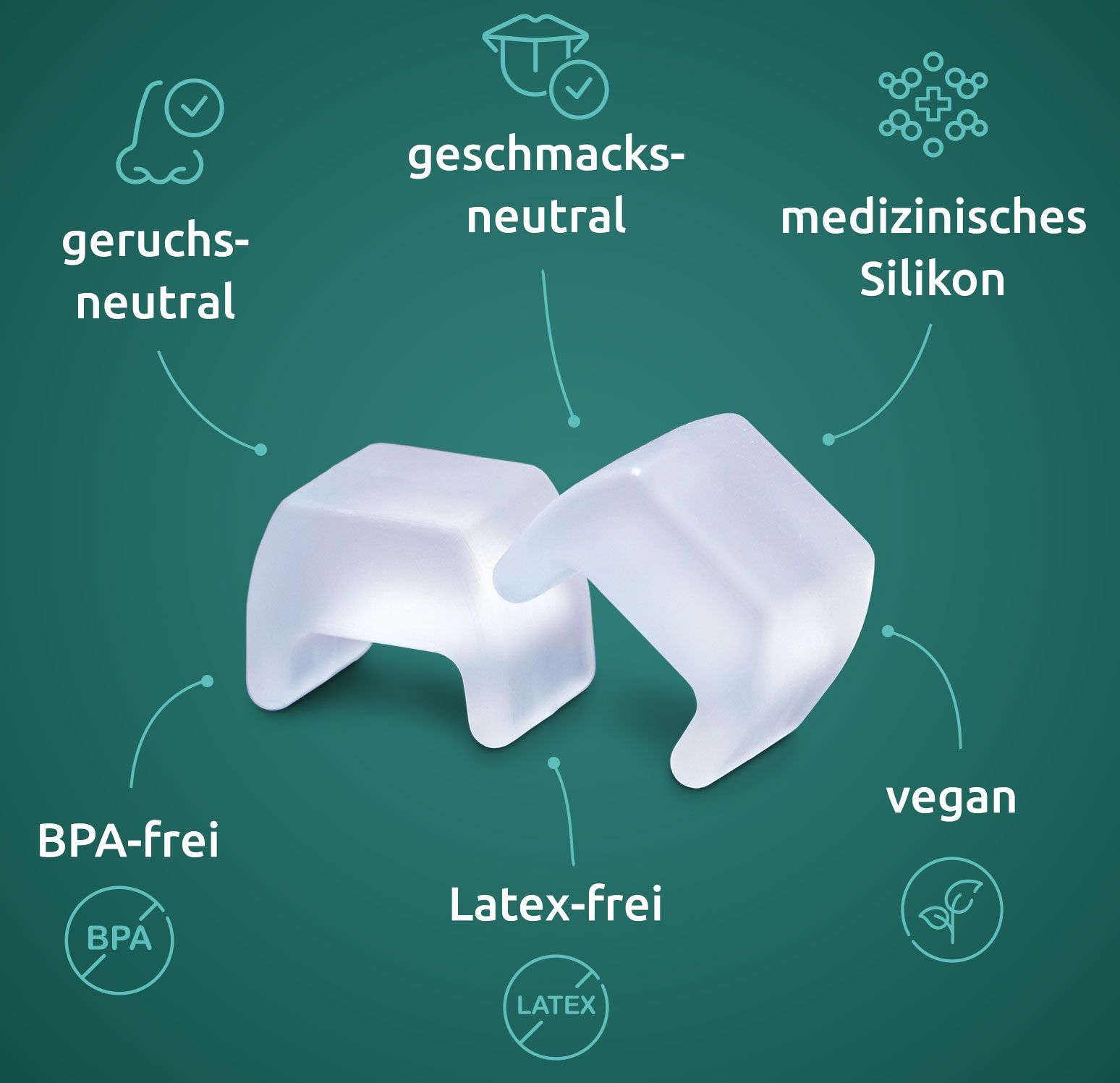 Zwei transparente, quadratische Teile. Text: geruchsneutral, geschmacksneutral, medizinisches Silikon, BPA-frei, latexfrei, vegan.