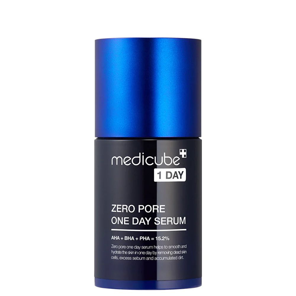 Dunkelblaue Flasche mit blauem Deckel, Medicube Zero Pore One Day Serum.
