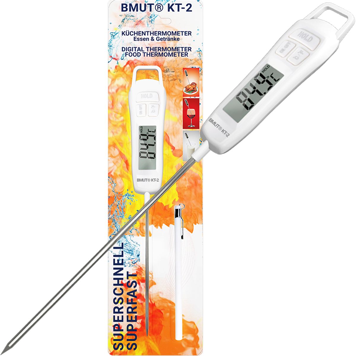 Thermomètre de cuisine numérique blanc avec sonde en acier inoxydable. Affiche 84,9°C. Emballage avec nom et texte du produit.
